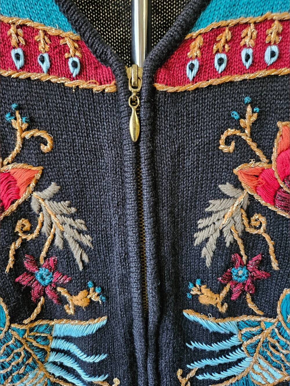 Vintage Carole Little Embroidered Knitwear Zip Cardigan - Size L - Picture 3 of 12